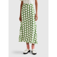 Kadın Yeşil %100 Viskoz Puantiyeli Yandan Fermuarlı Uzun Etek