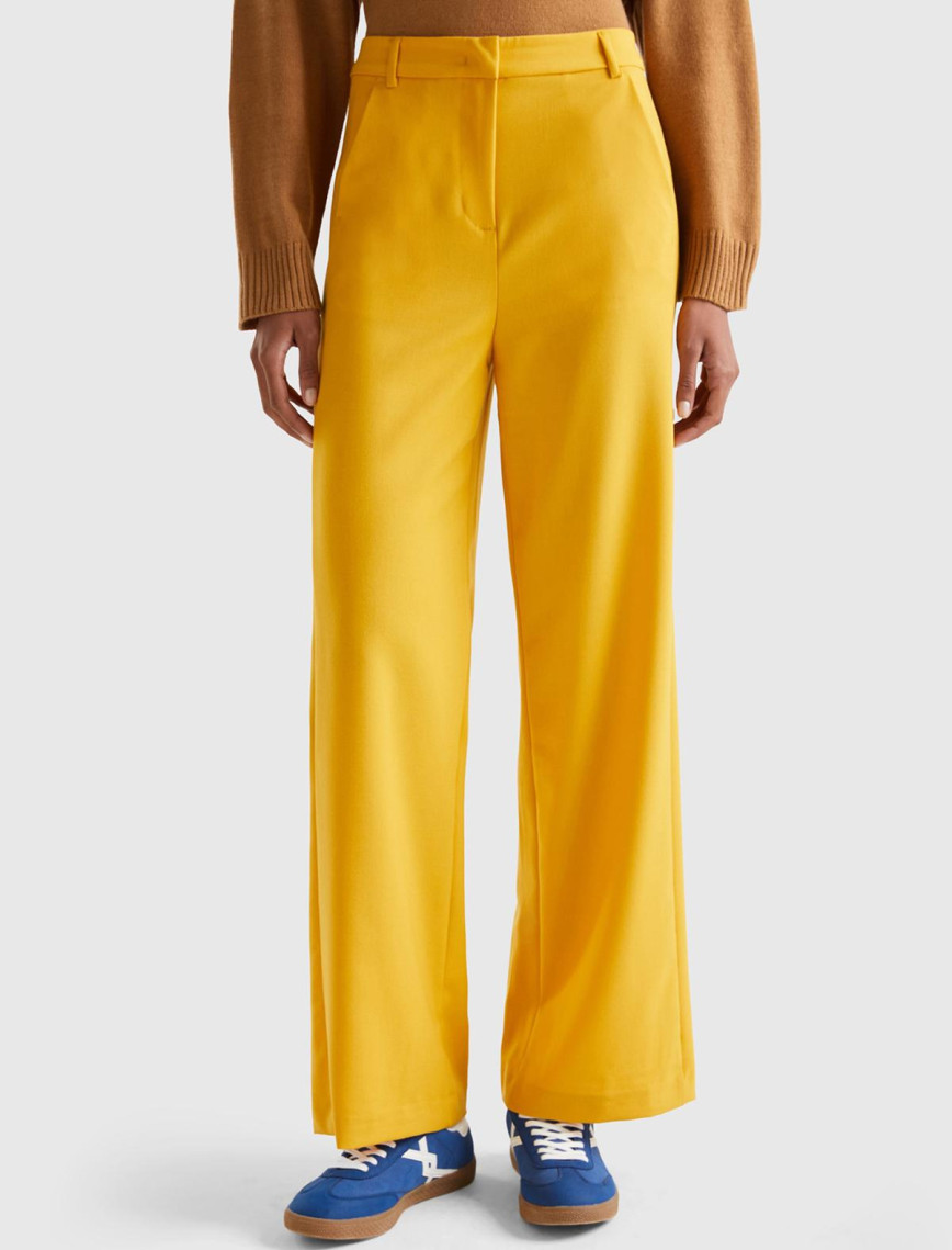 Kadın Hardal Poliviskoz Regular Fit  Düz Paça Pantolon