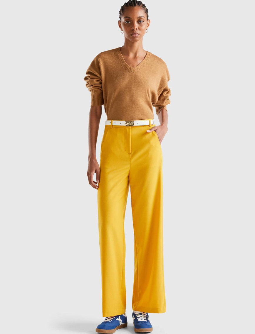 Kadın Hardal Poliviskoz Regular Fit  Düz Paça Pantolon