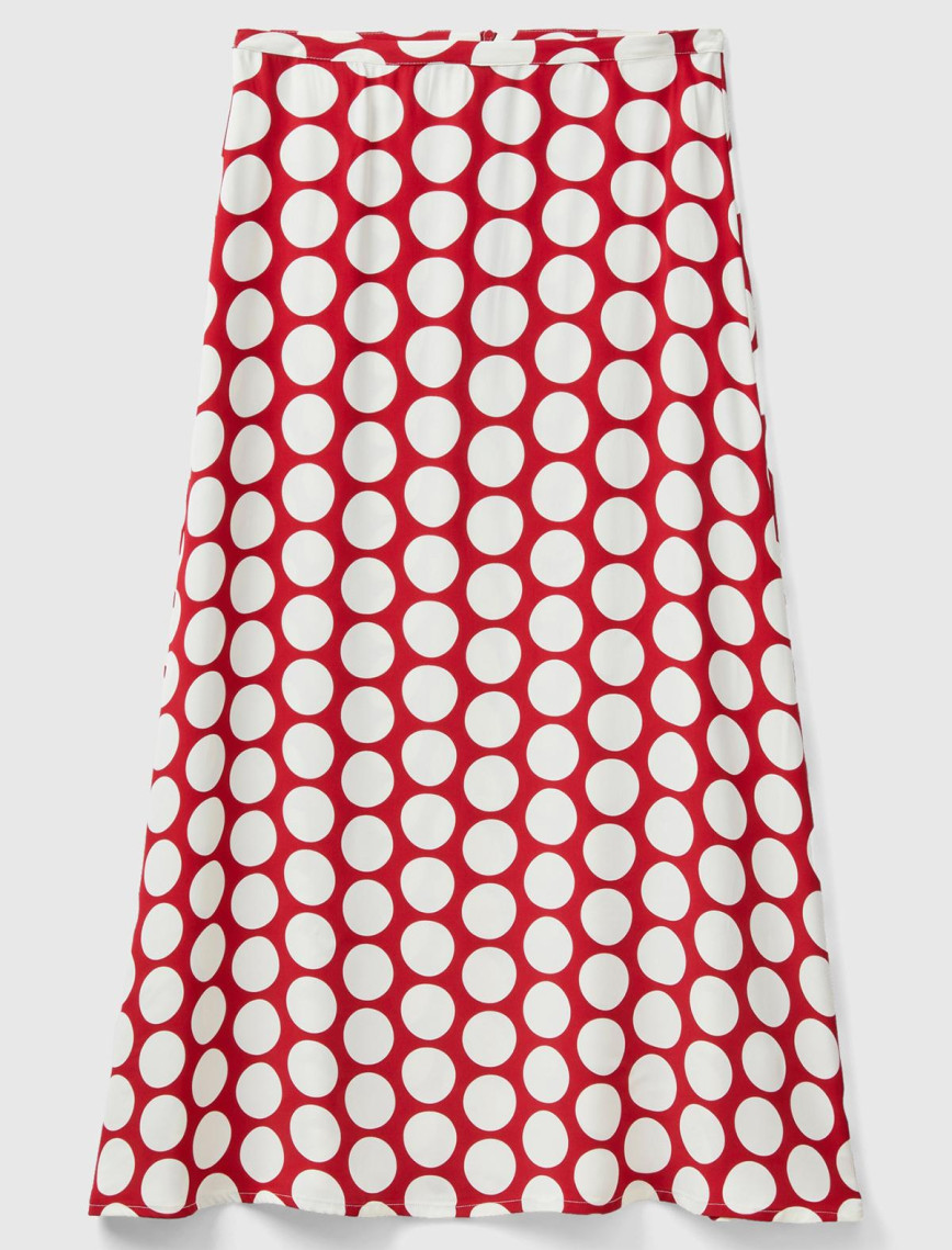 Kadın Kırmızı %100 Viskoz Puantiyeli Yandan Fermuarlı Uzun Etek