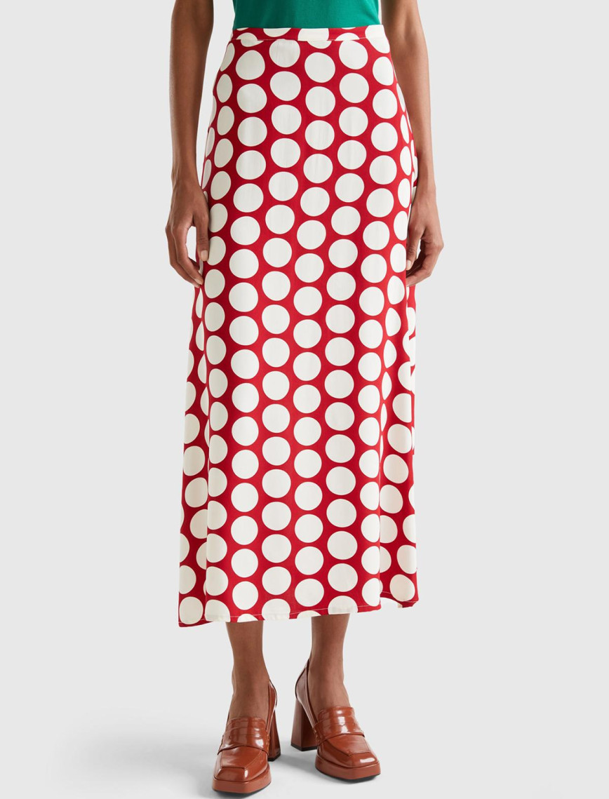 Kadın Yeşil %100 Viskoz Puantiyeli Yandan Fermuarlı Uzun Etek