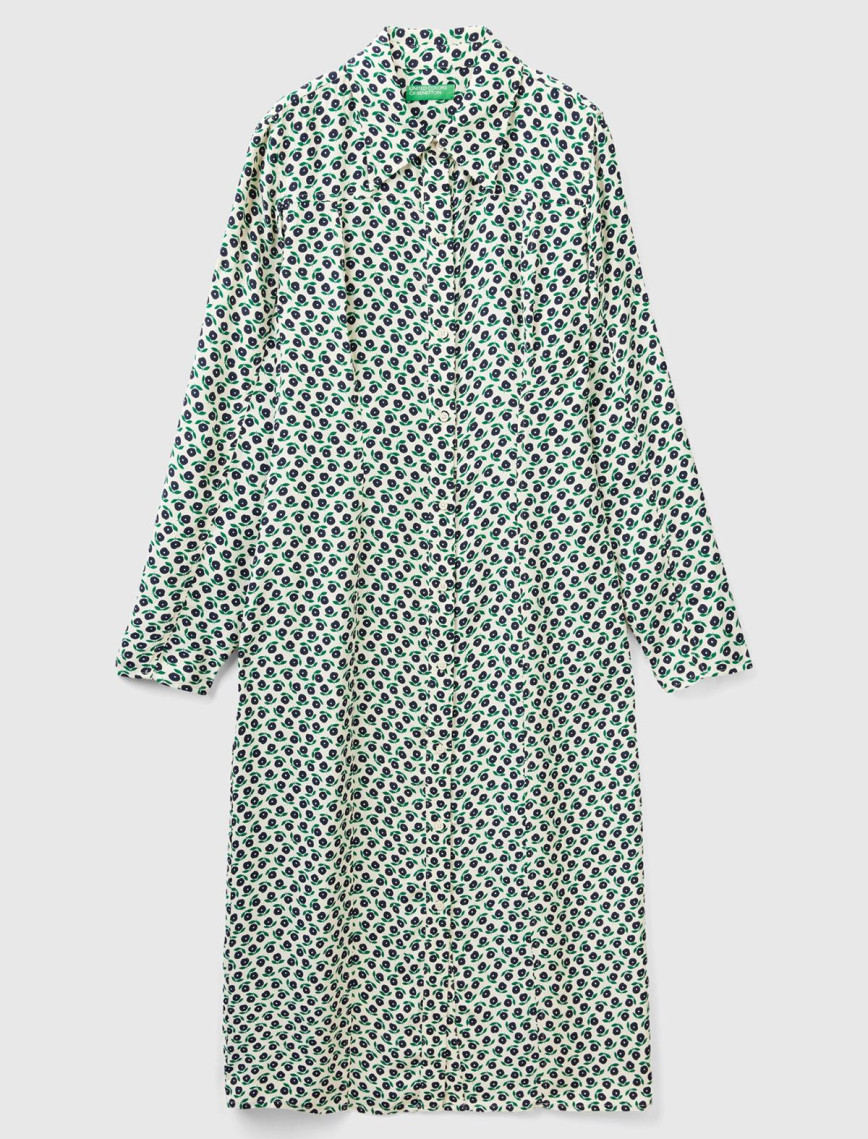 Kadın Yeşil Mix %100 Viskoz Çiçek Desenli Gömlek Yaka Uzun Kollu Elbise Kadın Yeşil Mix %100 Viskoz Çiçek Desenli Gömlek Yaka Uzun Kollu Elbise