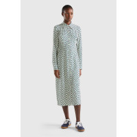 Kadın Yeşil Mix %100 Viskoz Çiçek Desenli Gömlek Yaka Uzun Kollu Elbise