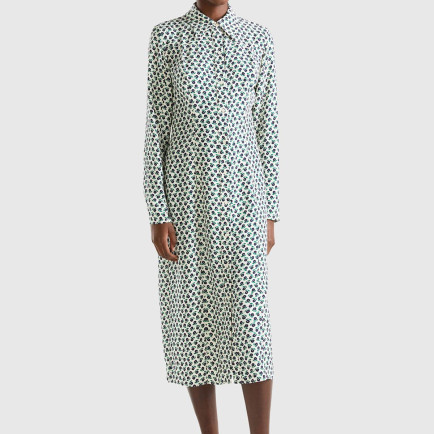 Kadın Yeşil Mix %100 Viskoz Çiçek Desenli Gömlek Yaka Uzun Kollu Elbise