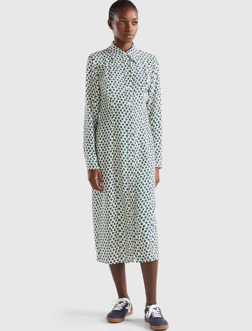 Kadın Yeşil Mix %100 Viskoz Çiçek Desenli Gömlek Yaka Uzun Kollu Elbise Kadın Yeşil Mix %100 Viskoz Çiçek Desenli Gömlek Yaka Uzun Kollu Elbise