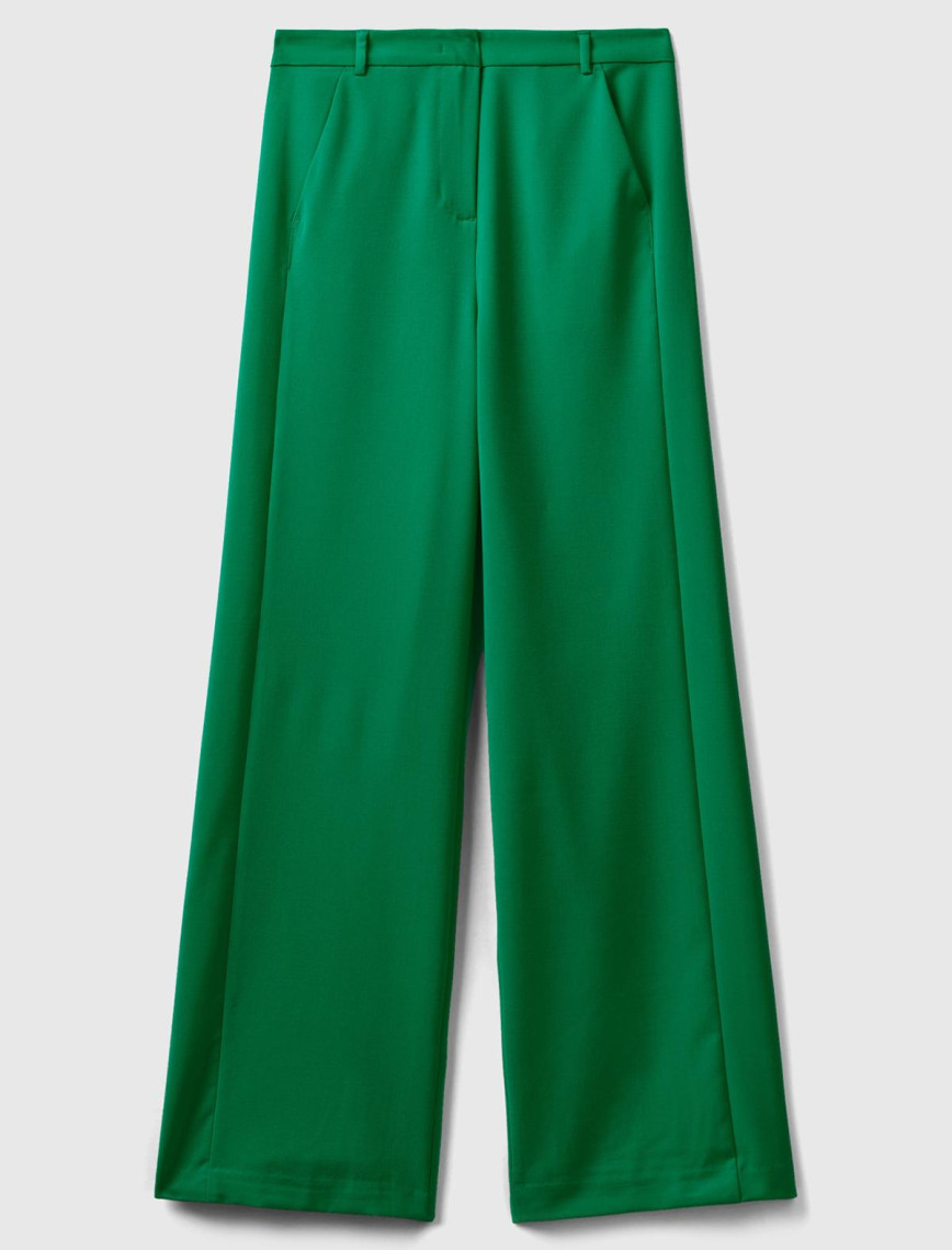 Kadın Yeşil Poliviskoz Regular Fit  Düz Paça Pantolon