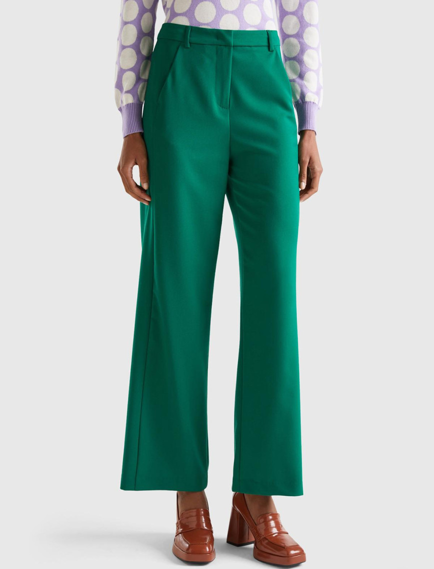 Kadın Yeşil Poliviskoz Regular Fit  Düz Paça Pantolon