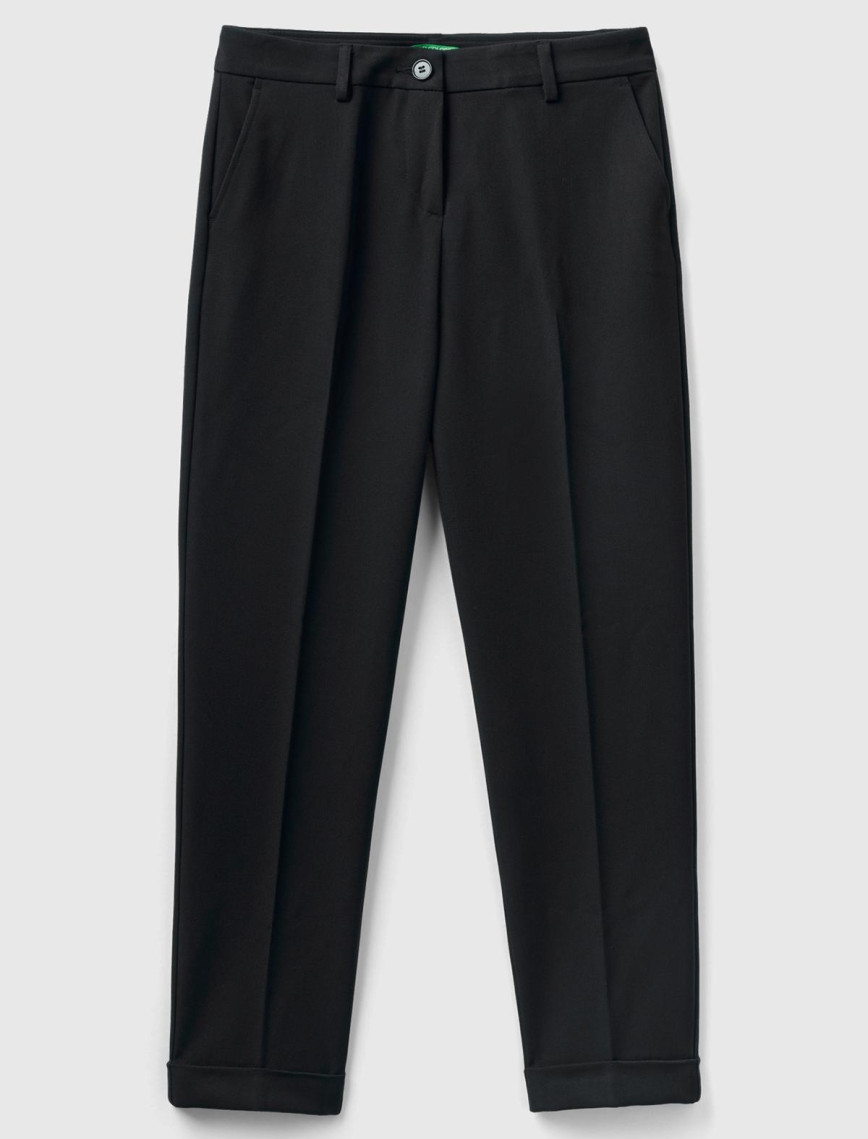 Kadın Siyah Poliviskoz Regular Fit Duble Paça Pantolon