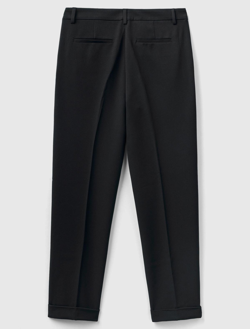 Kadın Siyah Poliviskoz Regular Fit Duble Paça Pantolon