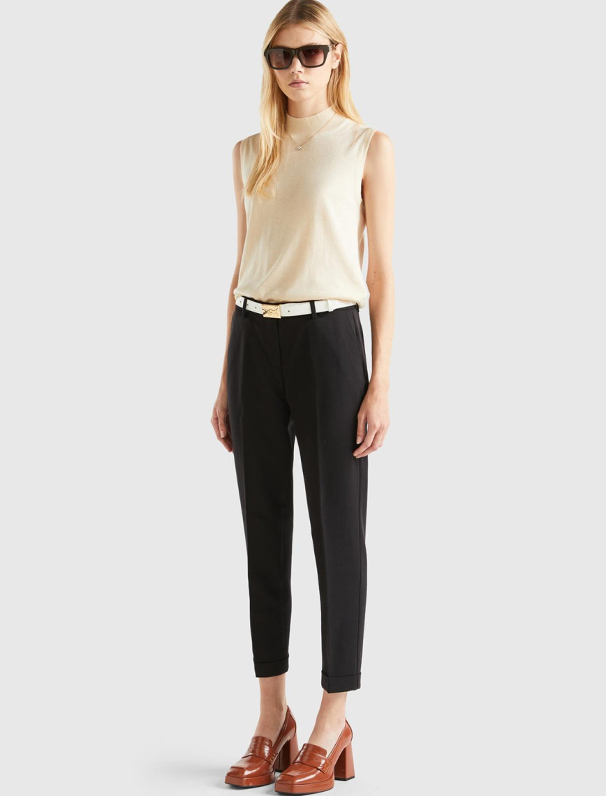 Kadın Siyah Poliviskoz Regular Fit Duble Paça Pantolon