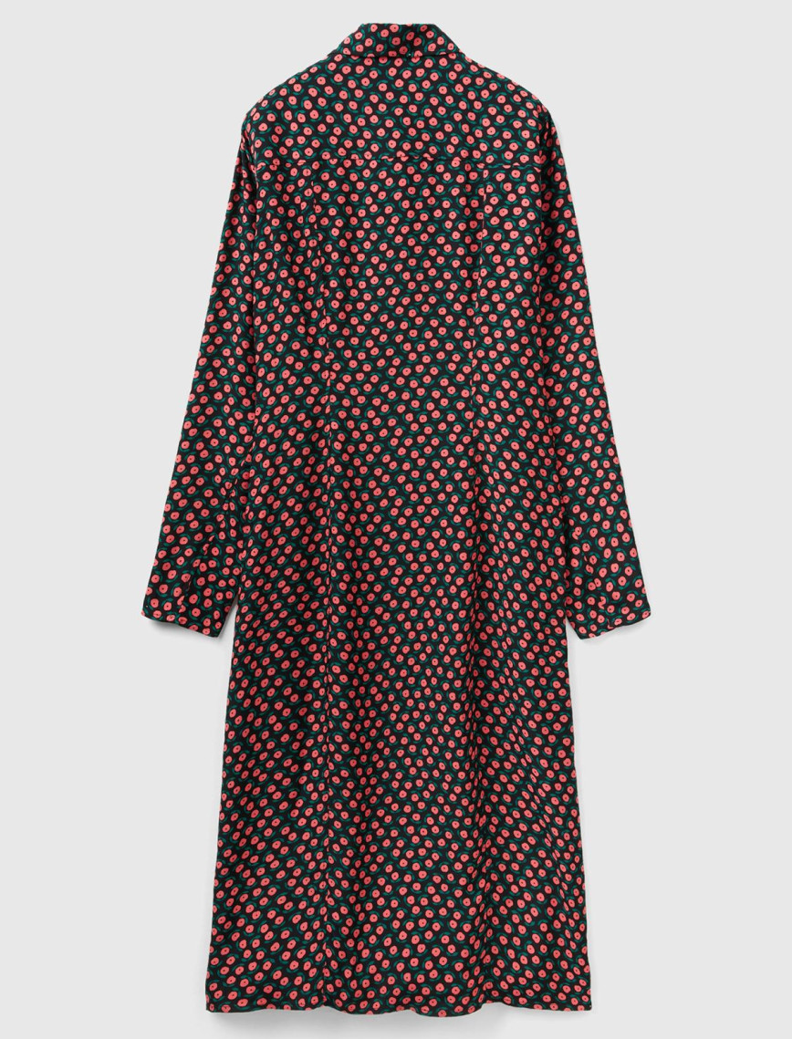 Kadın Pembe Mix %100 Viskoz Çiçek Desenli Gömlek Yaka Uzun Kollu Elbise