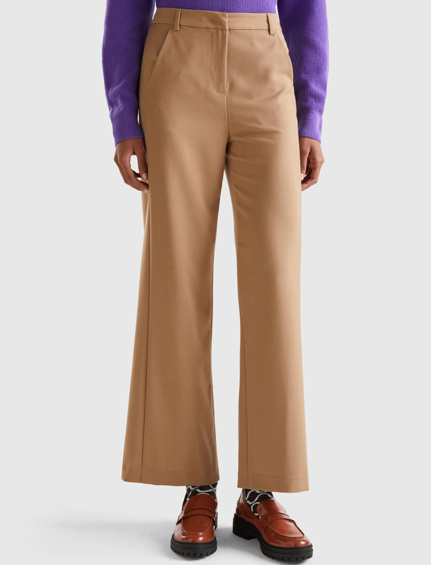 Kadın Hardal Poliviskoz Regular Fit  Düz Paça Pantolon