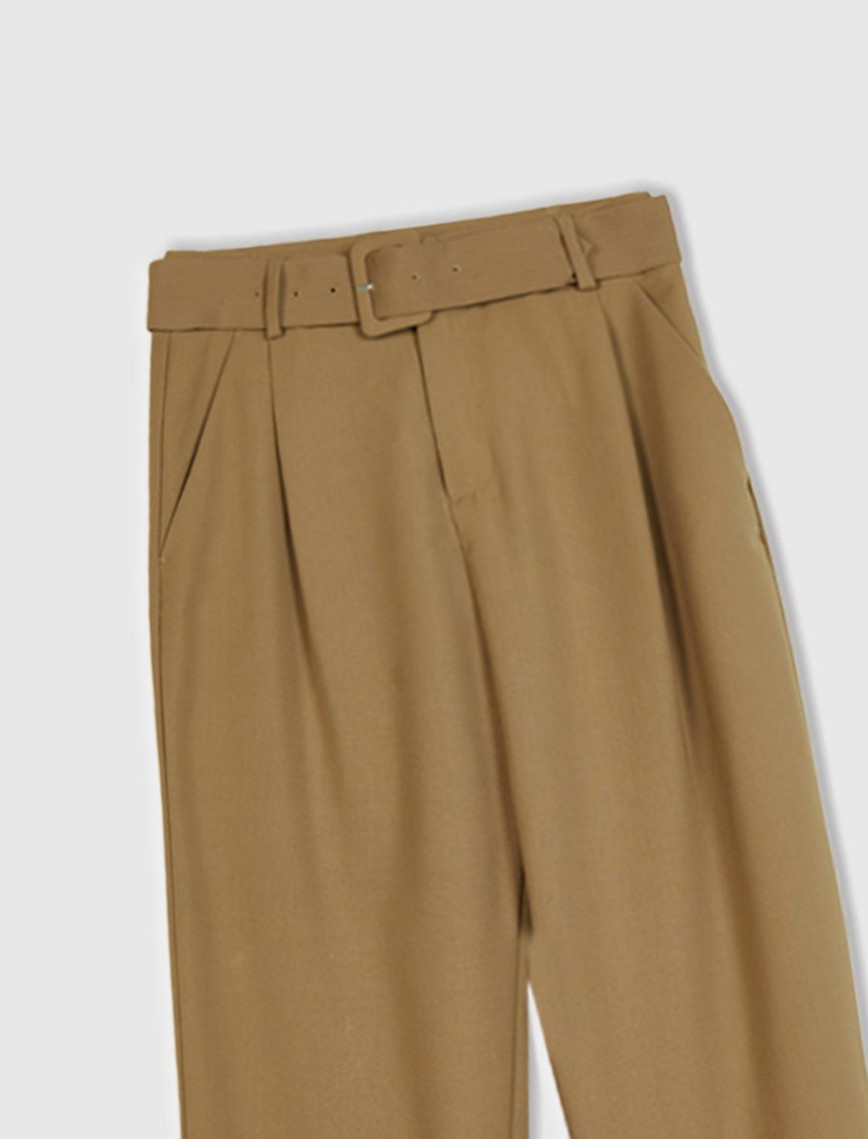 Kadın Kahverengi Poliviskoz Rahat Kalıp Kemerli Pantolon Kadın Kahverengi Poliviskoz Rahat Kalıp Kemerli Pantolon