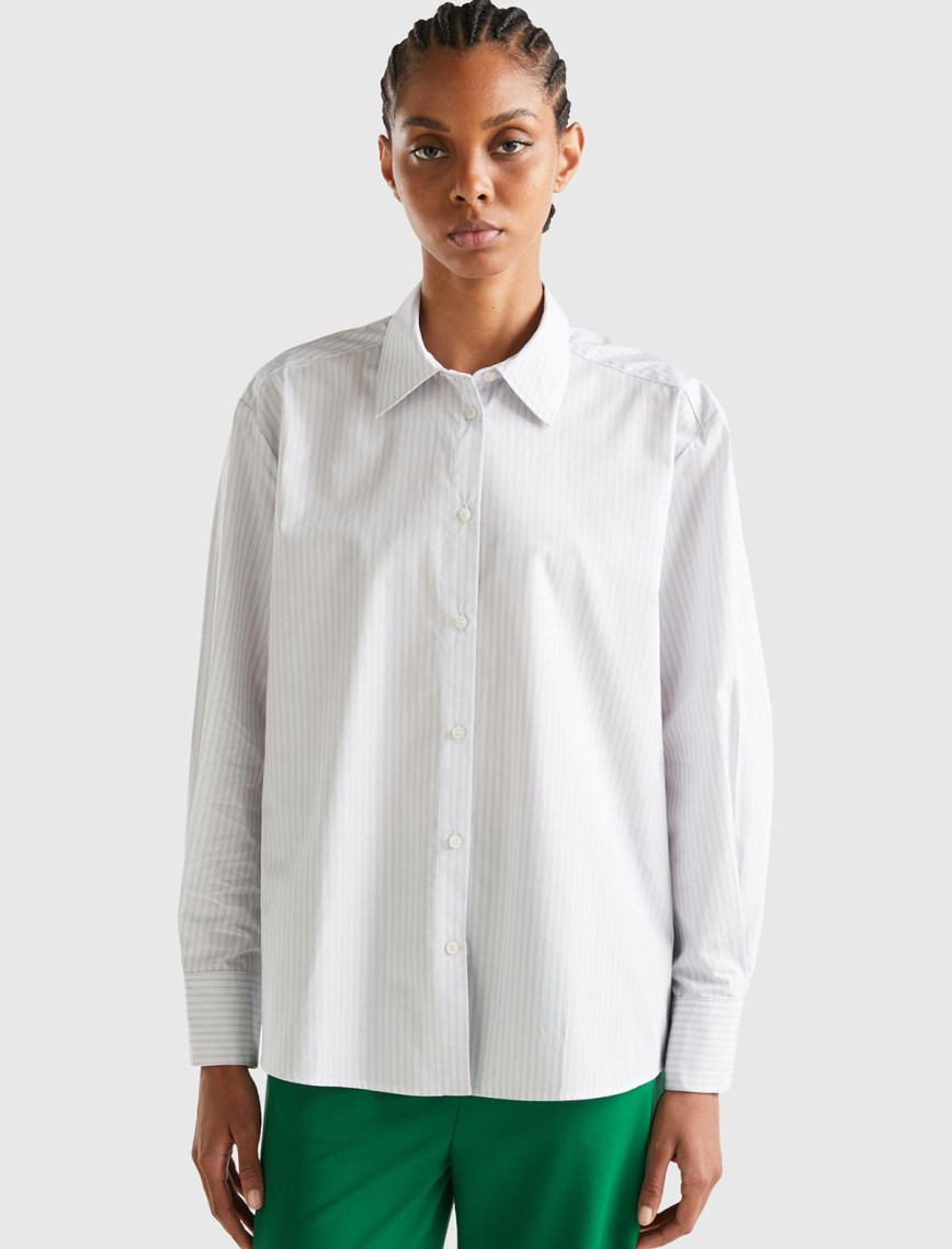 Kadın Soluk Mavi %100 Koton Çizgili Gömlek