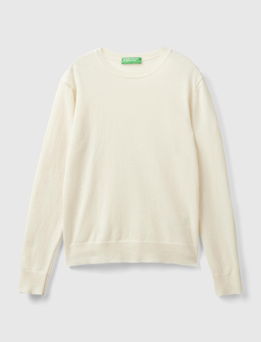 Kadın Krem Bisiklet Yaka %100 Merino Kazak