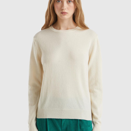 Kadın Krem Bisiklet Yaka %100 Merino Kazak