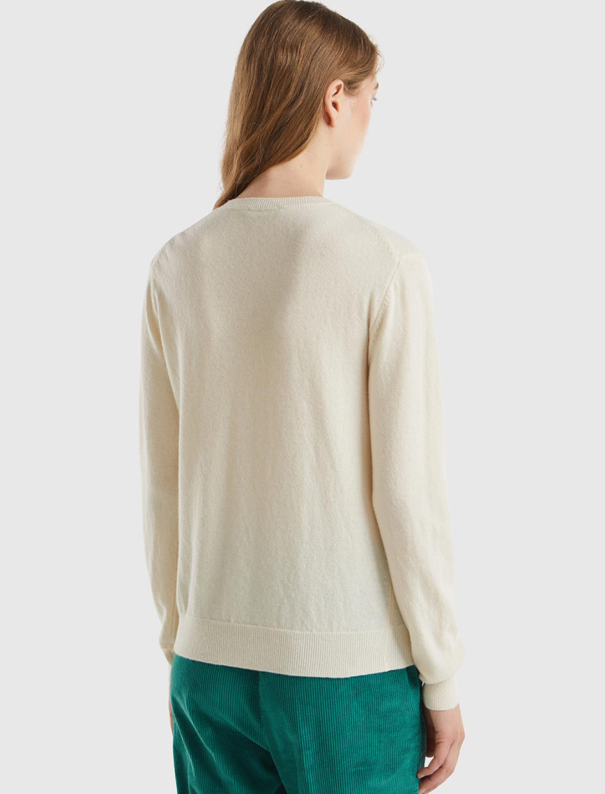 Kadın Krem Bisiklet Yaka %100 Merino Kazak