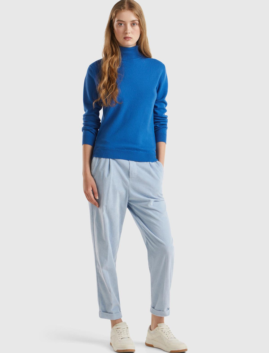 Kadın Gece Mavisi Dik Yaka %100 Merino Kazak