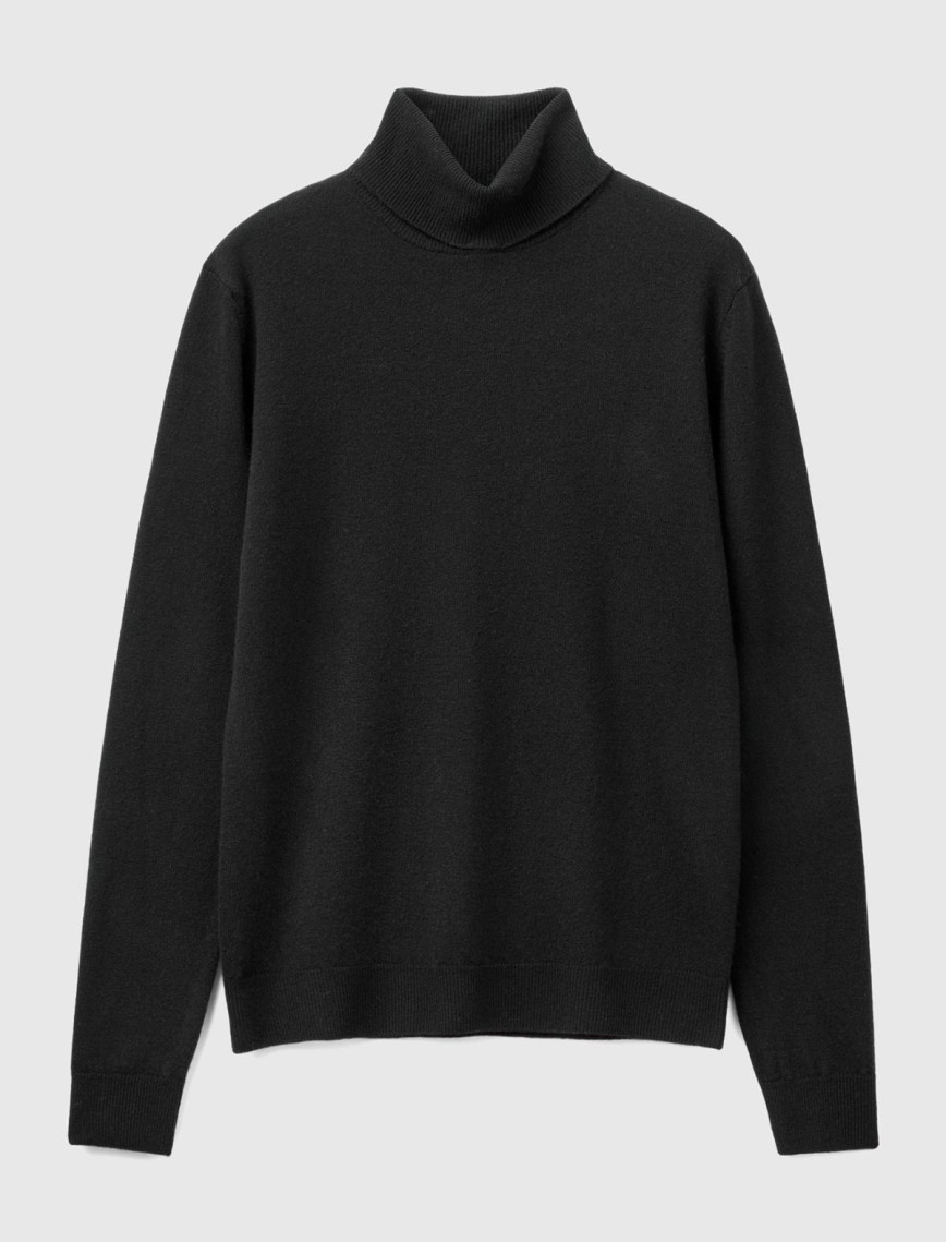 Kadın Siyah Dik Yaka %100 Merino Kazak