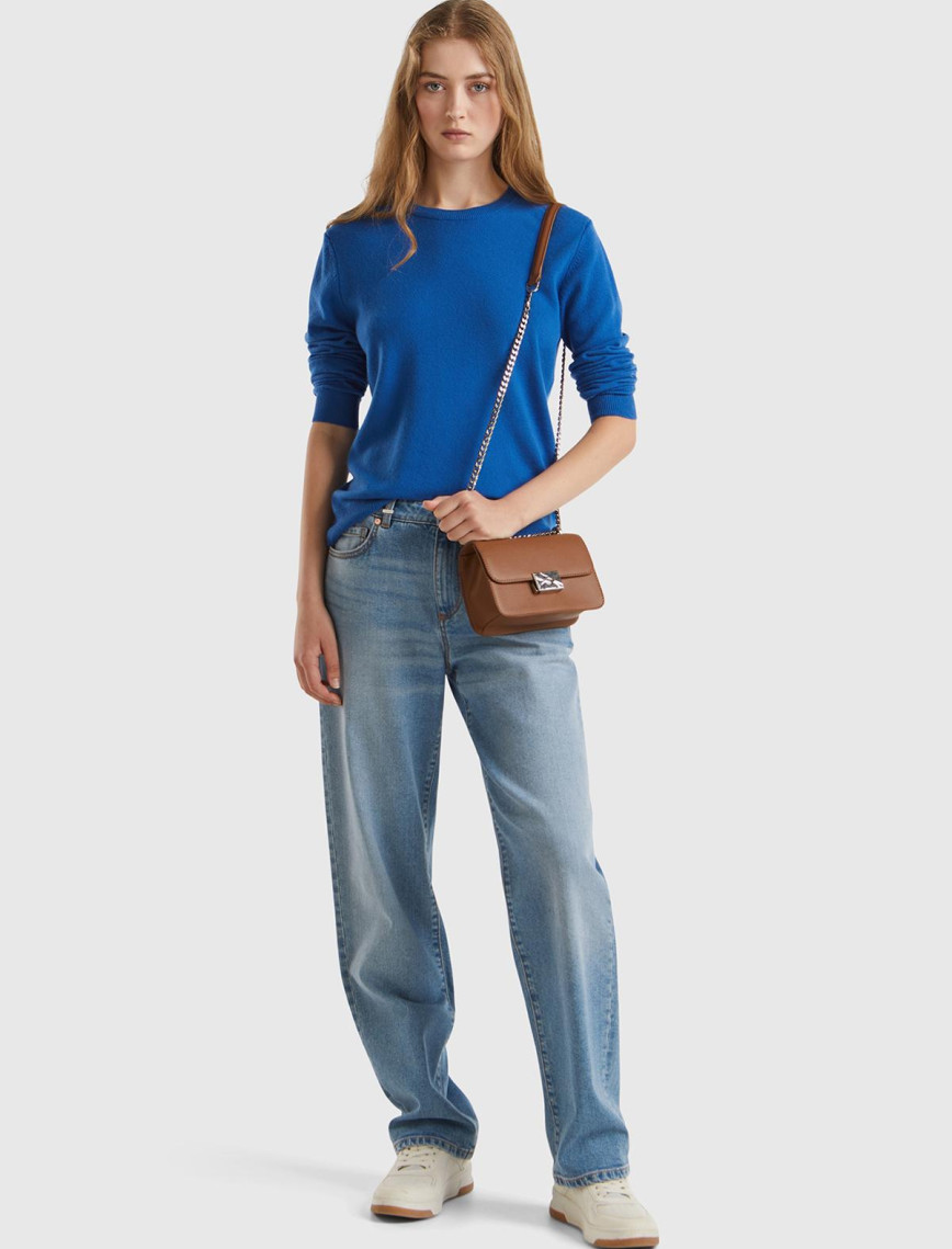 Kadın Gece Mavisi Bisiklet Yaka %100 Merino Kazak