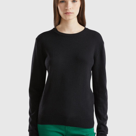 Kadın Siyah Bisiklet Yaka %100 Merino Kazak