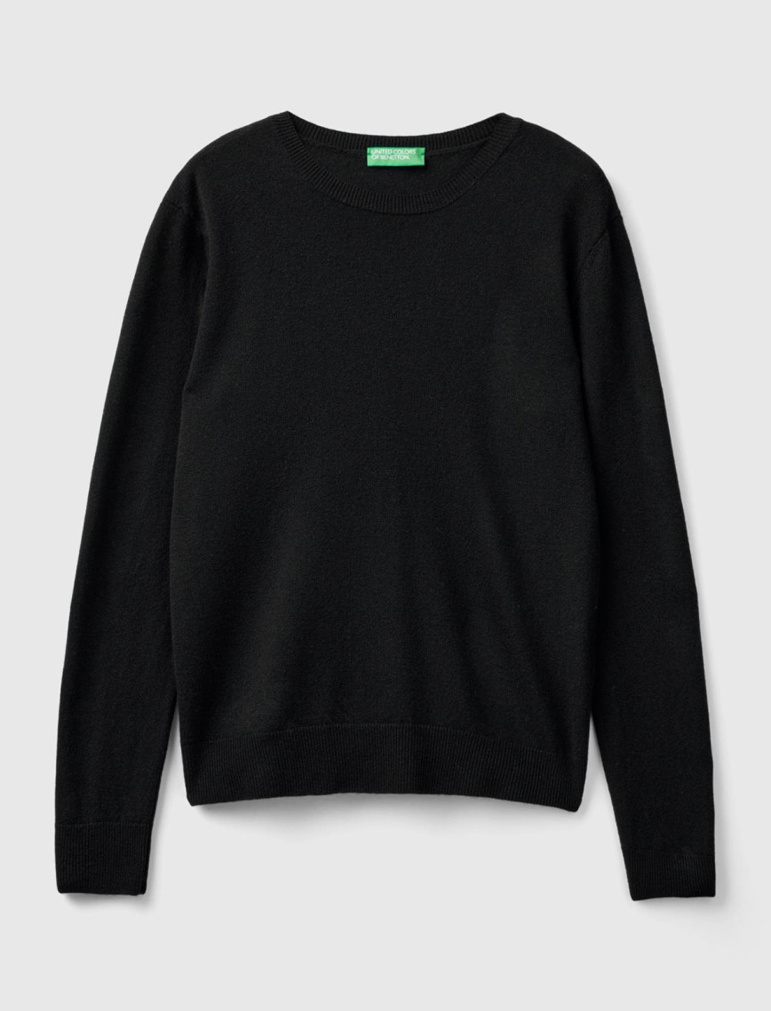 Kadın Siyah Bisiklet Yaka %100 Merino Kazak