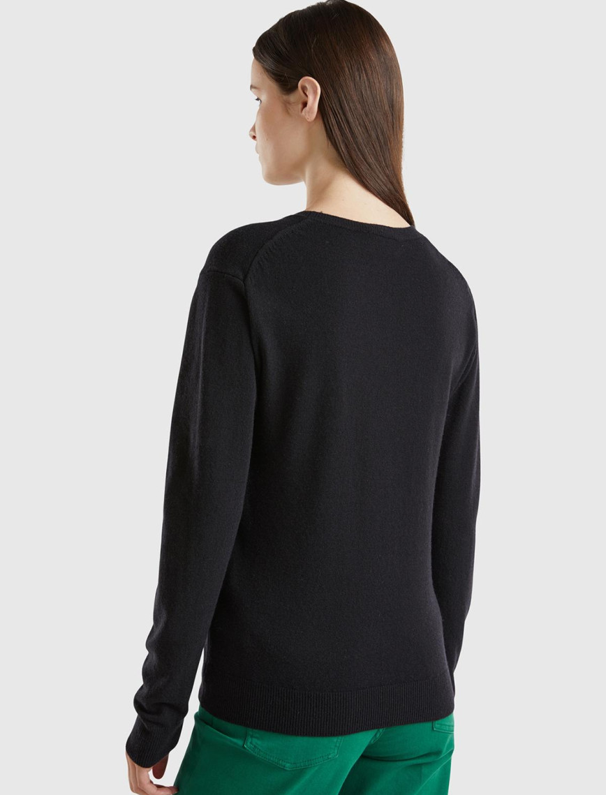 Kadın Siyah Bisiklet Yaka %100 Merino Kazak