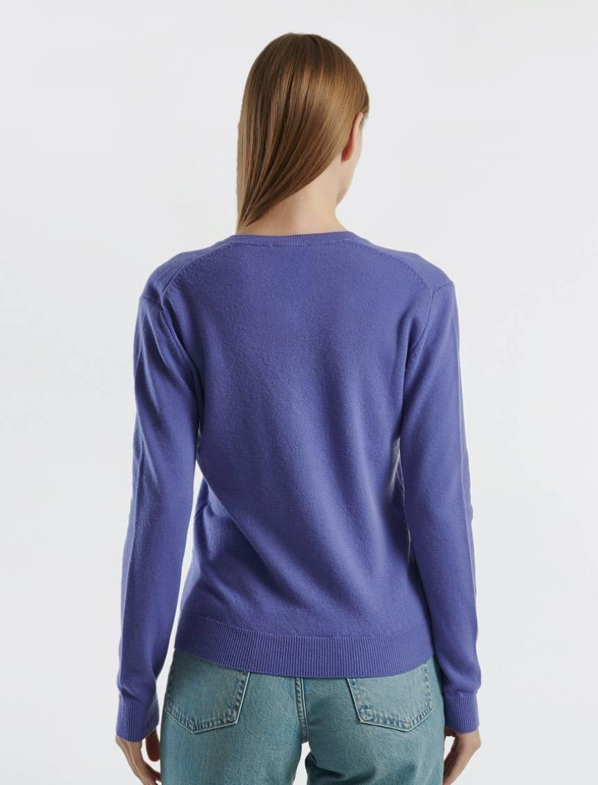 Kadın Mor V Yaka %100 Merino Kazak