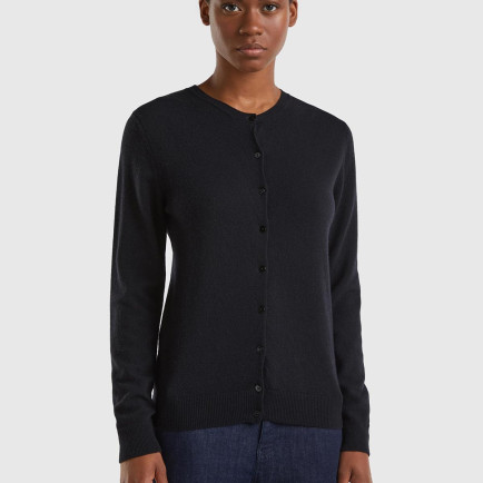 Kadın Siyah Bisiklet Yaka %100 Merino Hırka