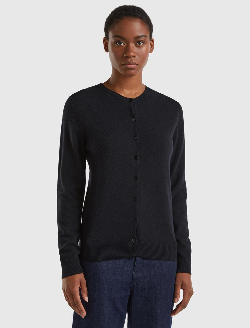 Kadın Siyah Bisiklet Yaka %100 Merino Hırka