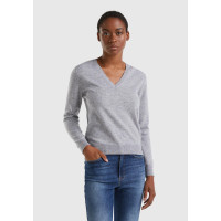 Kadın Gri Melanj V Yaka %100 Merino Kazak