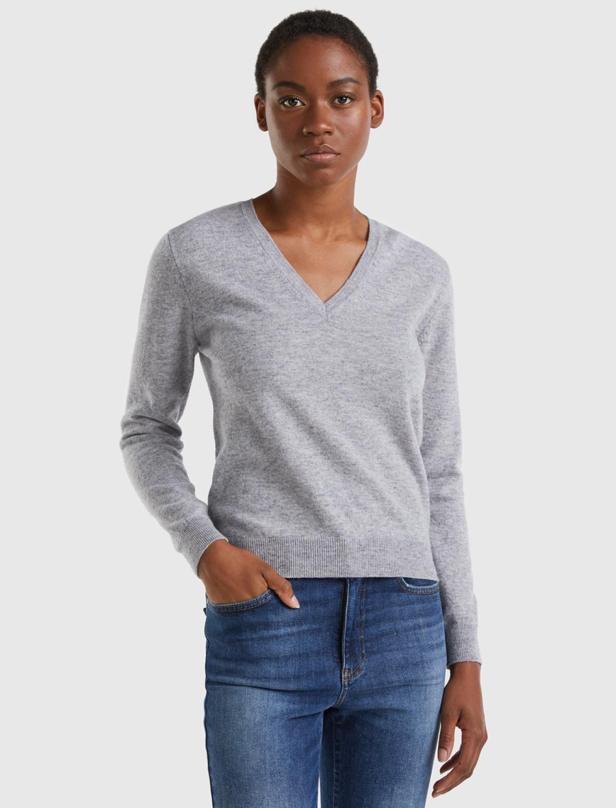 Kadın Gece Mavisi V Yaka %100 Merino Kazak