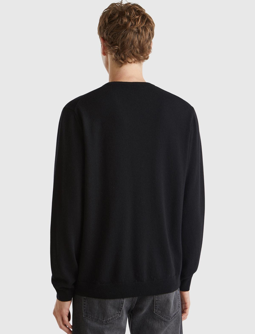 Erkek Siyah Bisiklet Yaka %100 Merino Kazak