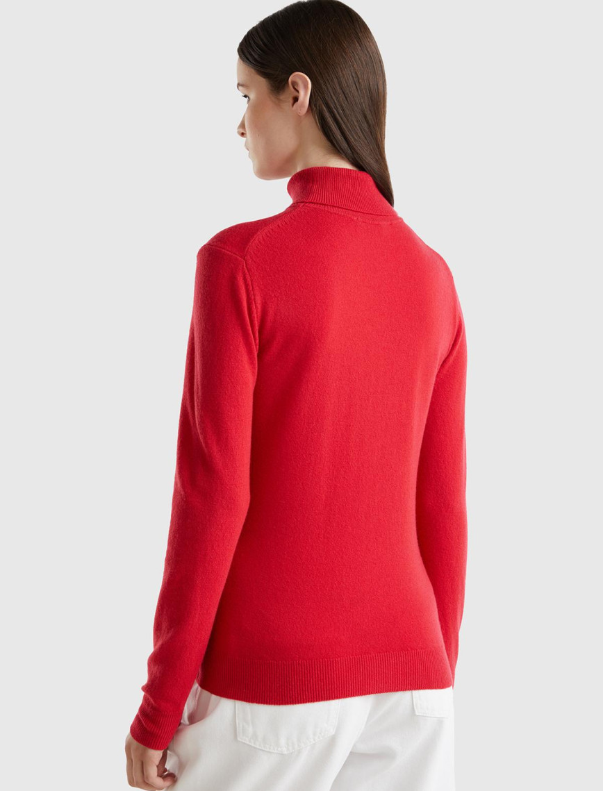 Kadın Kırmızı Dik Yaka %100 Merino Kazak