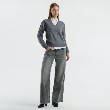 Kadın Antrasit Melanj V Yaka %100 Merino Kazak