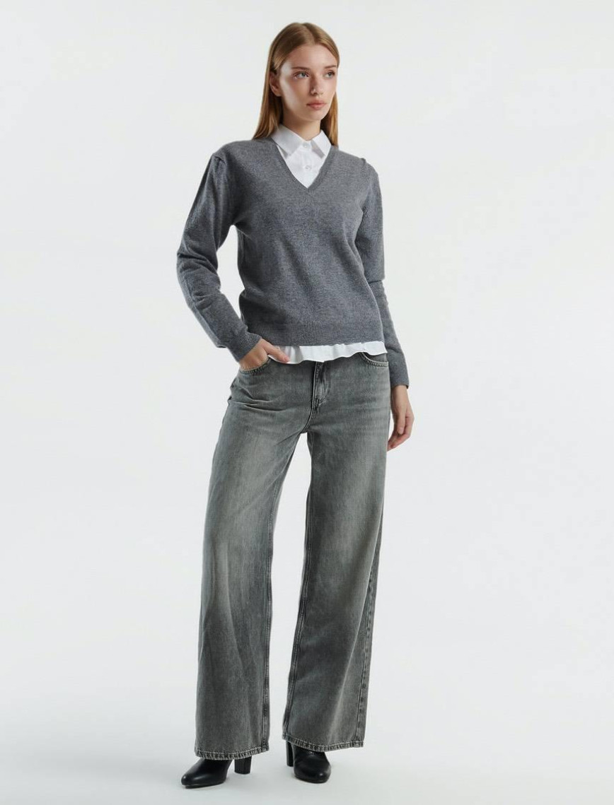 Kadın Gece Mavisi V Yaka %100 Merino Kazak