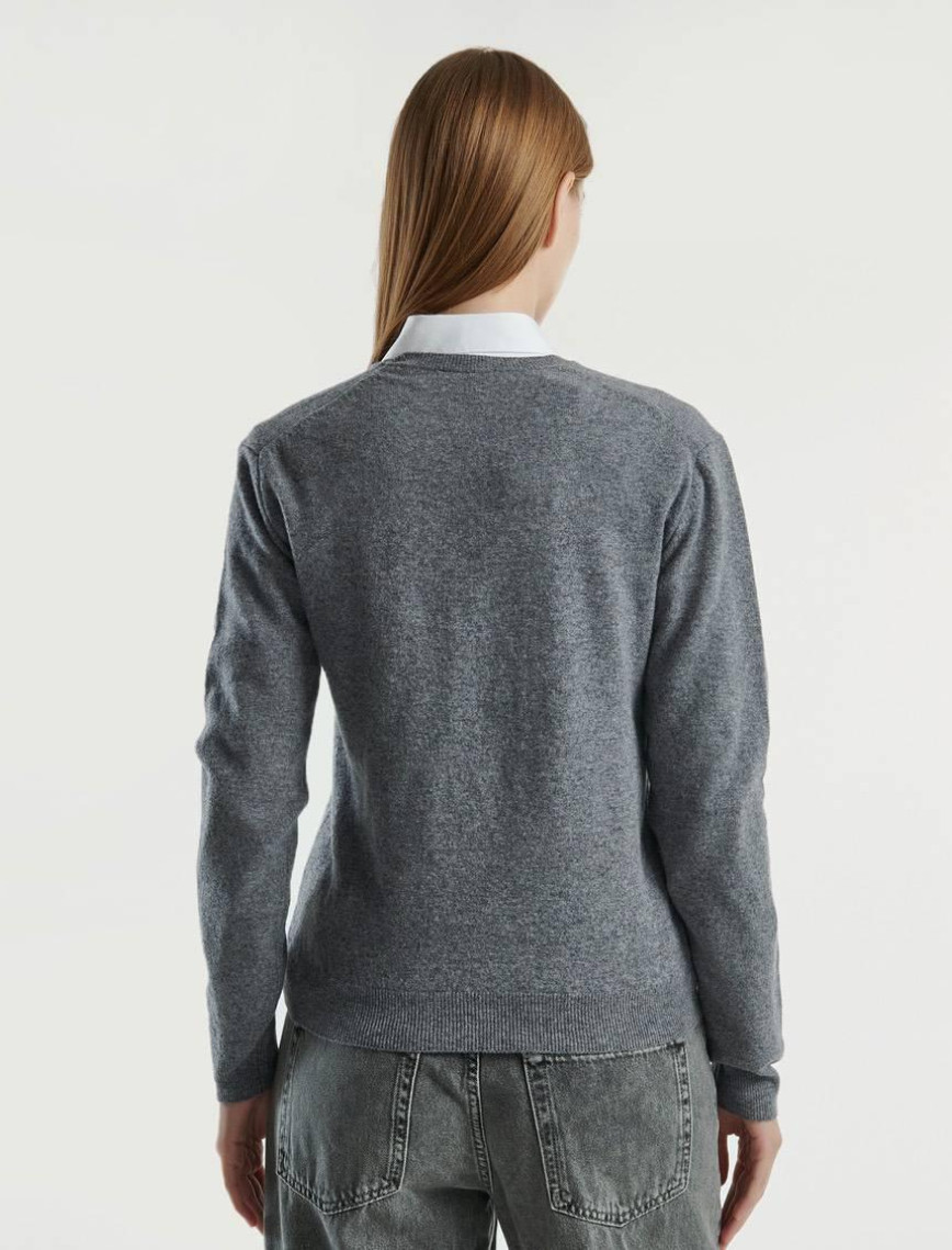 Kadın Antrasit Melanj V Yaka %100 Merino Kazak