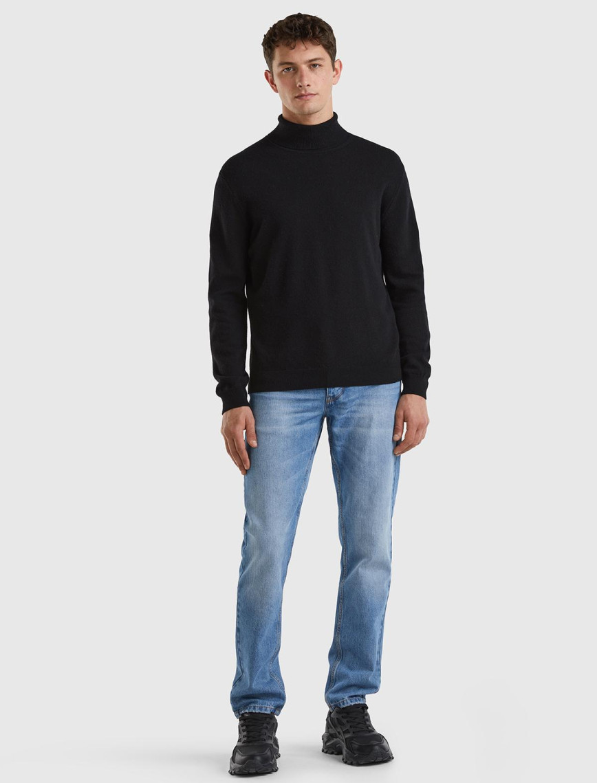 Erkek Siyah Boğazlı %100 Merino Kazak