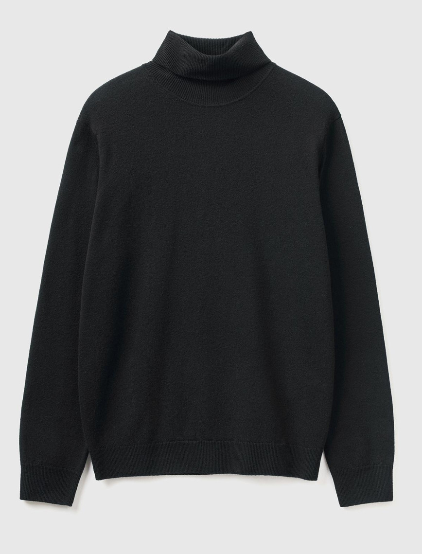 Erkek Siyah Boğazlı %100 Merino Kazak