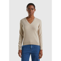 Kadın Bej Melanj V Yaka %100 Merino Kazak