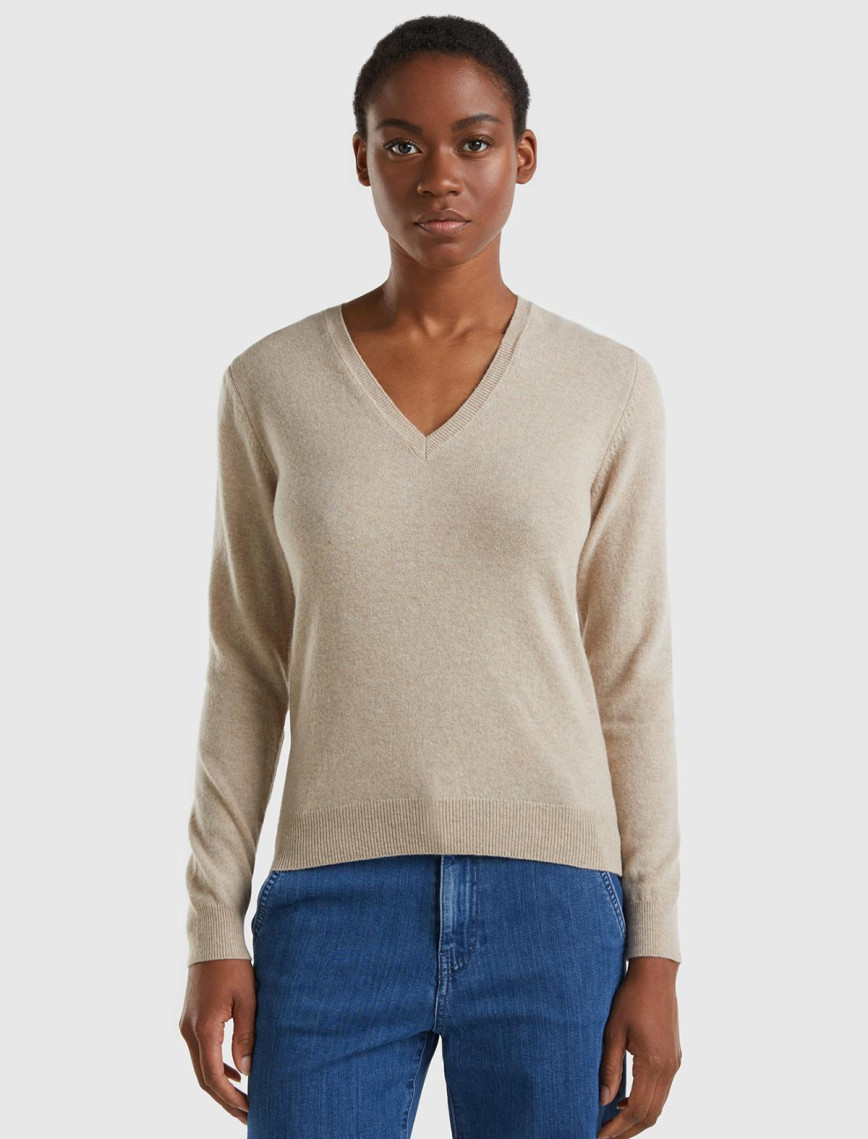 Kadın Gece Mavisi V Yaka %100 Merino Kazak