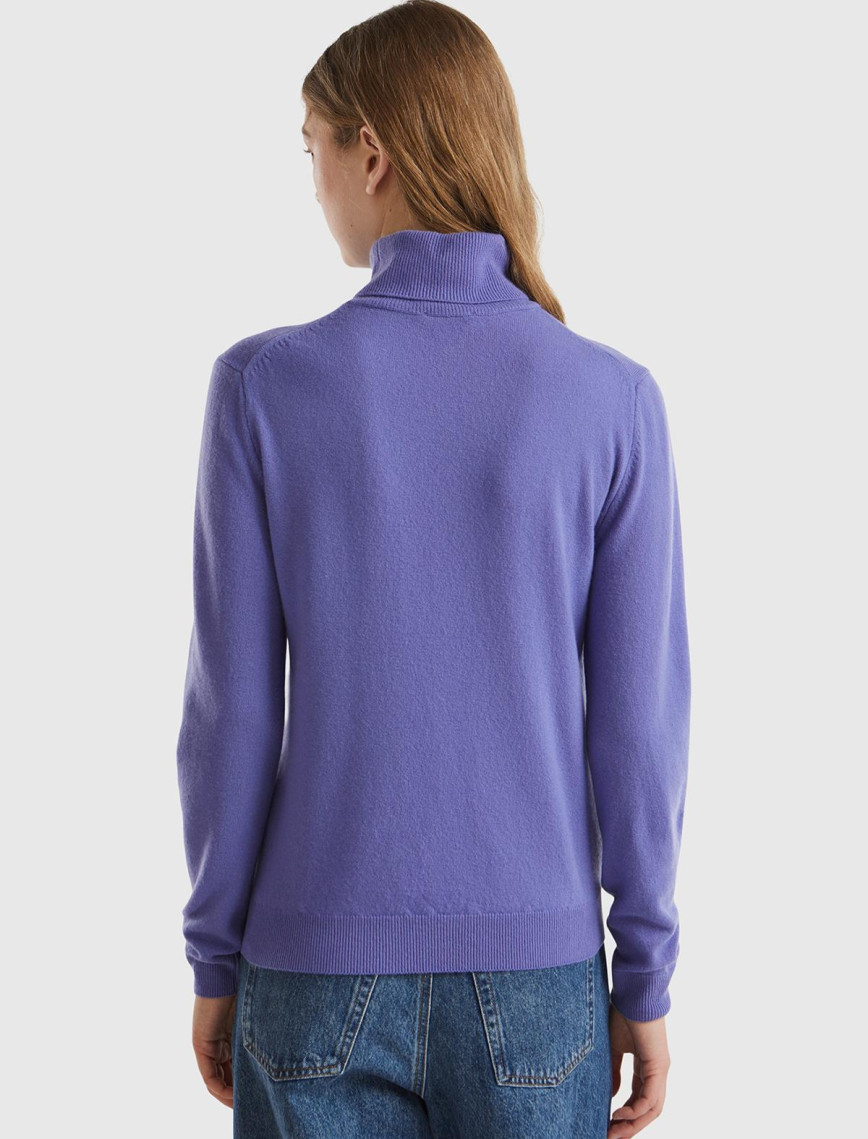 Kadın Mor Dik Yaka %100 Merino Kazak