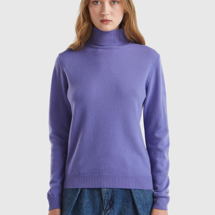 Kadın Mor Dik Yaka %100 Merino Kazak