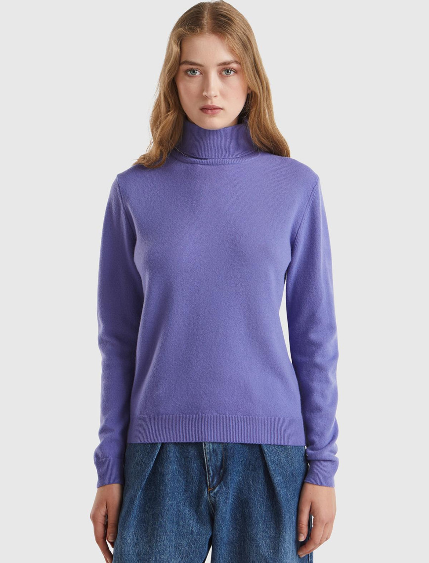 Kadın Gri Melanj Dik Yaka %100 Merino Kazak