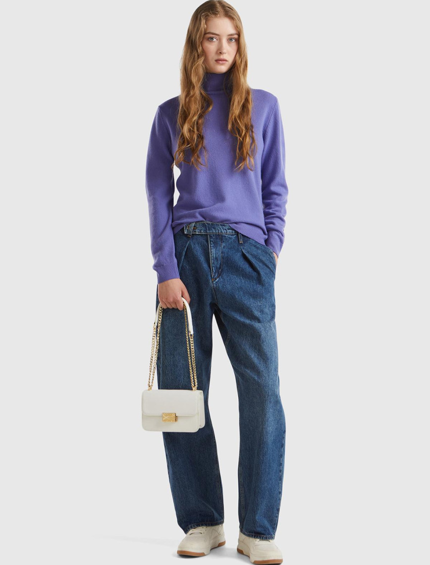 Kadın Mor Dik Yaka %100 Merino Kazak