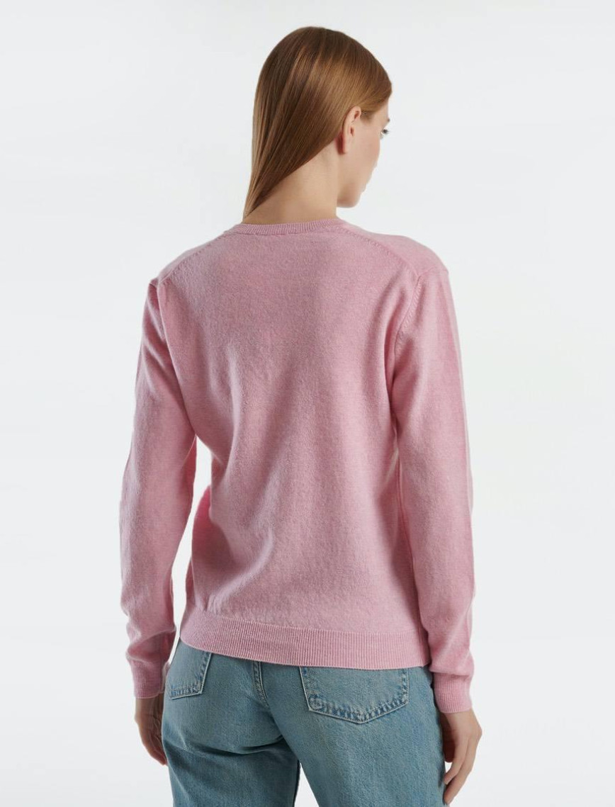 Kadın Pembe V Yaka %100 Merino Kazak