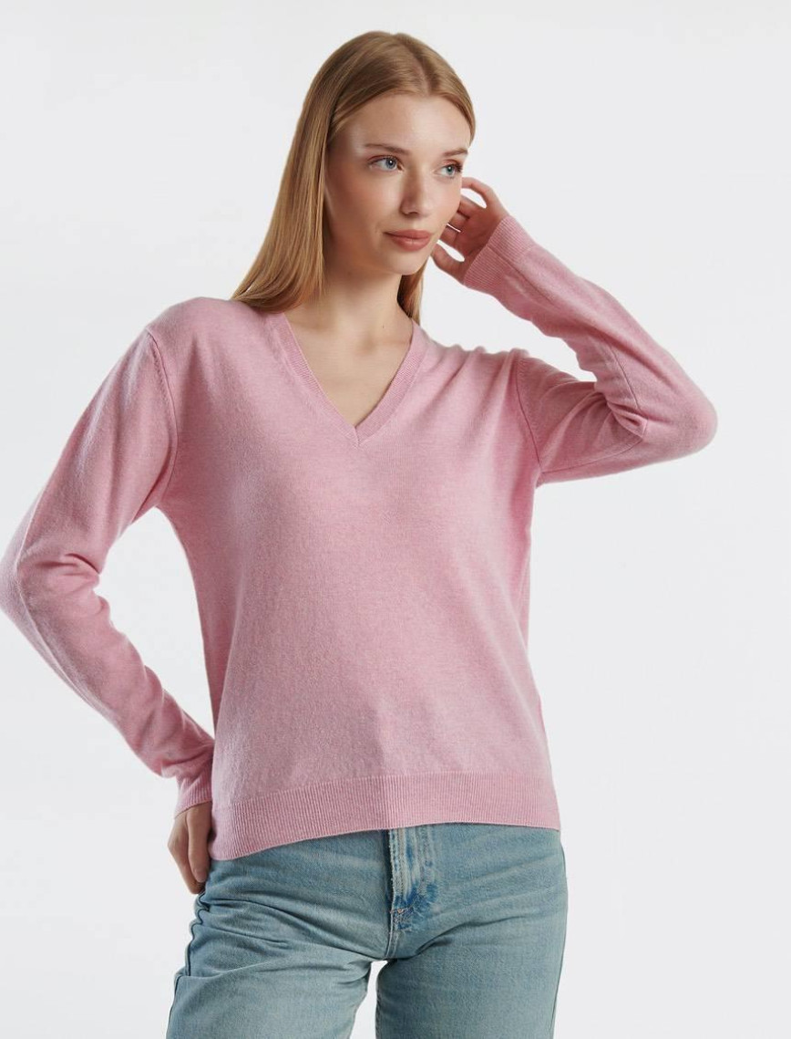 Kadın Pembe V Yaka %100 Merino Kazak
