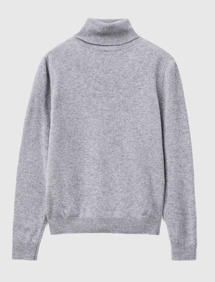 Kadın Gri Melanj Dik Yaka %100 Merino Kazak