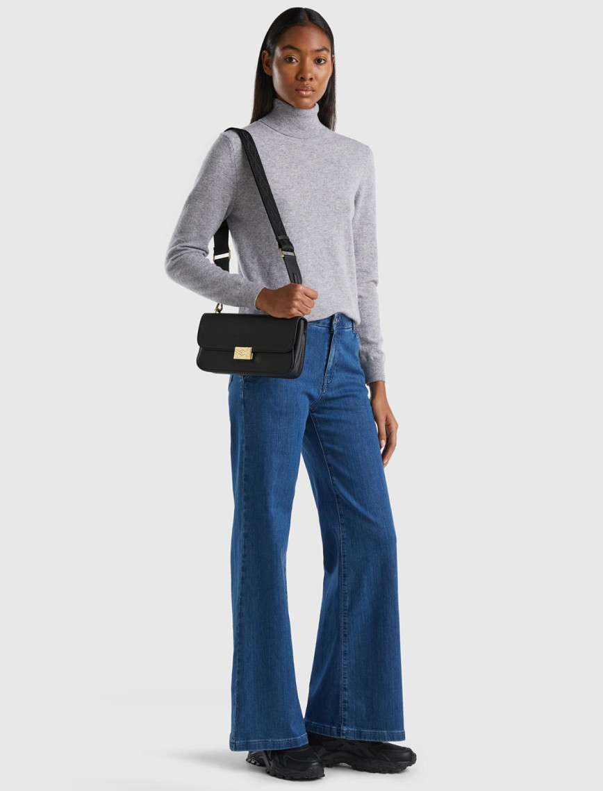 Kadın Gri Melanj Dik Yaka %100 Merino Kazak