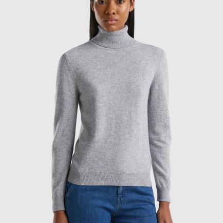 Kadın Gri Melanj Dik Yaka %100 Merino Kazak